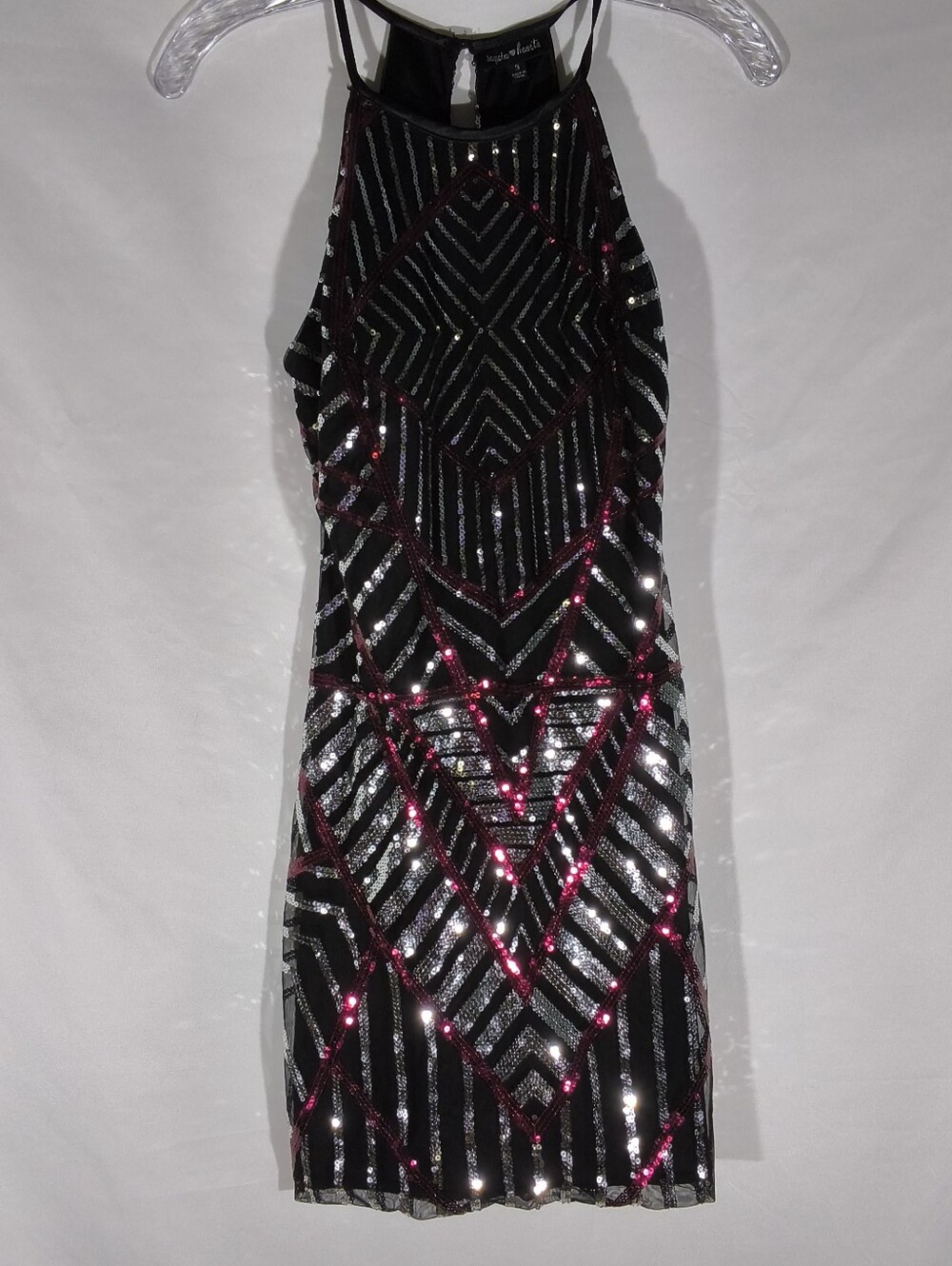 Sequin Hearts Black Pink Silver Geometric Sequin Halter Dress - Size 3